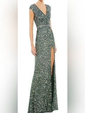 Mac Duggal Emerald Sequin Evening Gown with Belted Waist